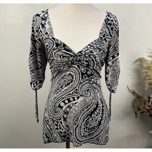 Vintage Egen Paisley Knot-Front Handkerchief Half Sleeve Top Black White Large